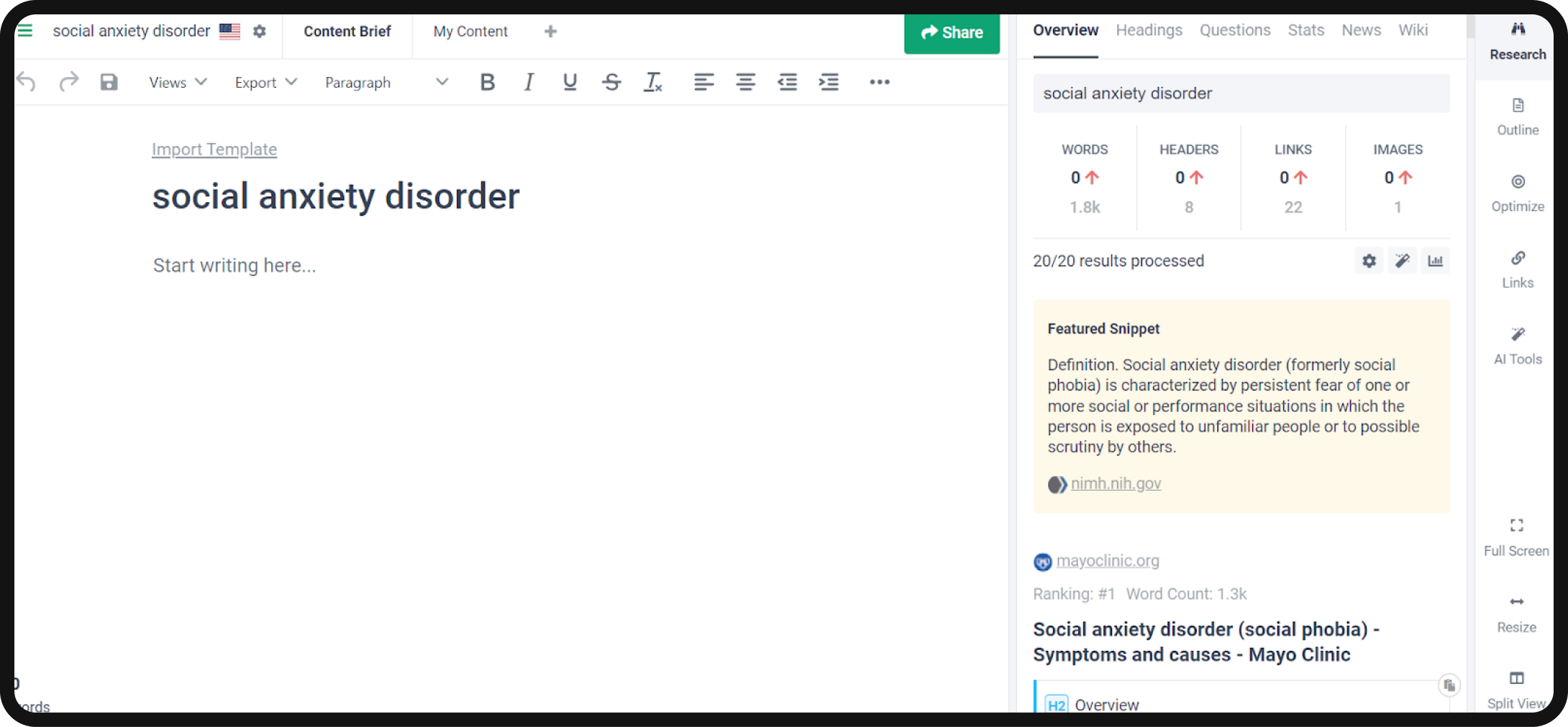 Metrics for the keyword "social anxiety disorder" using Frase.