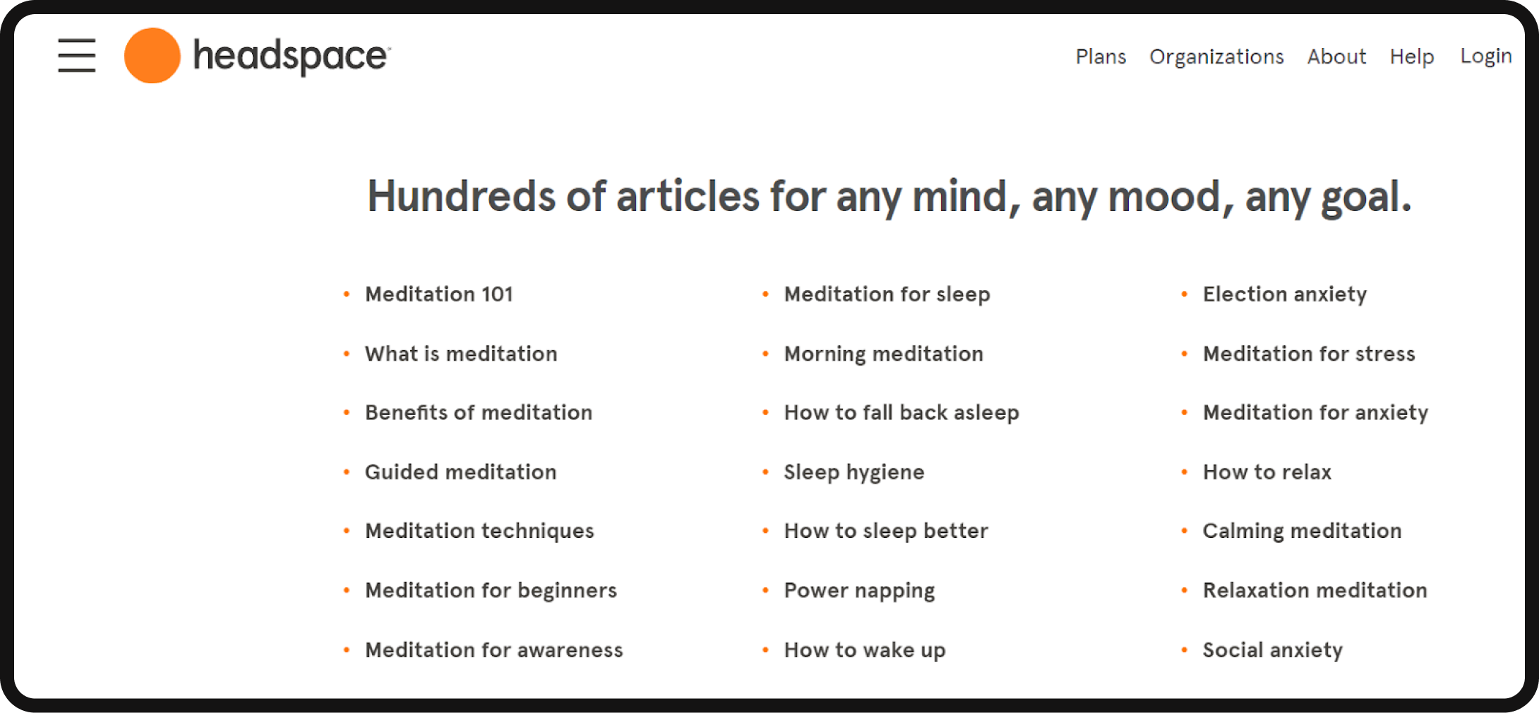 Headspace's blog with topics to choose from related to anxiety.