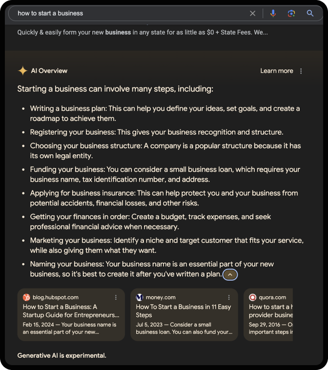 Google AI overview box of "how to start a business"