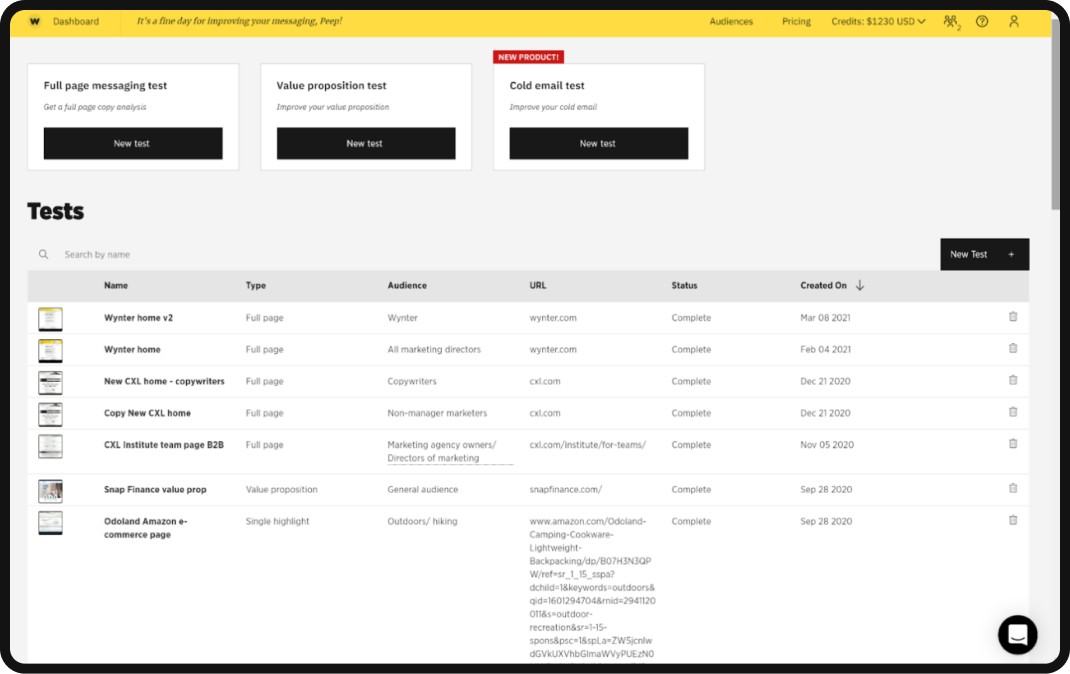 Wynter dashboard for b2b saas