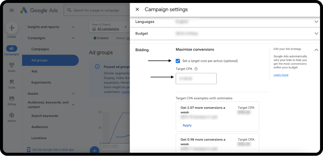 Bid management with target CPA